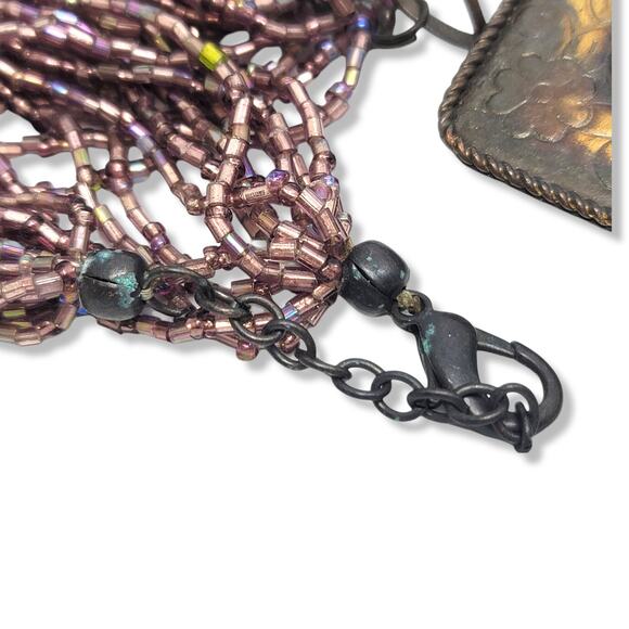 Vintage Mauve Irridecent Glass Beads, Brass Center Piece with Beads 18" Necklace - Picture 6 of 7